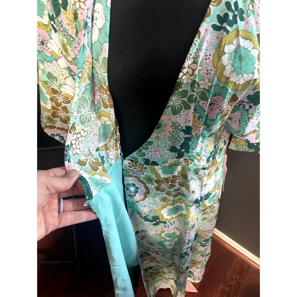 NWT Unique Vintage Mint Pink Floral Mod Maxi Wrap Dress Retro 60s 70s Size S/4
